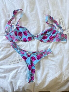 For Love & Lemons Blue Floral Bikini Set with Pink Roses